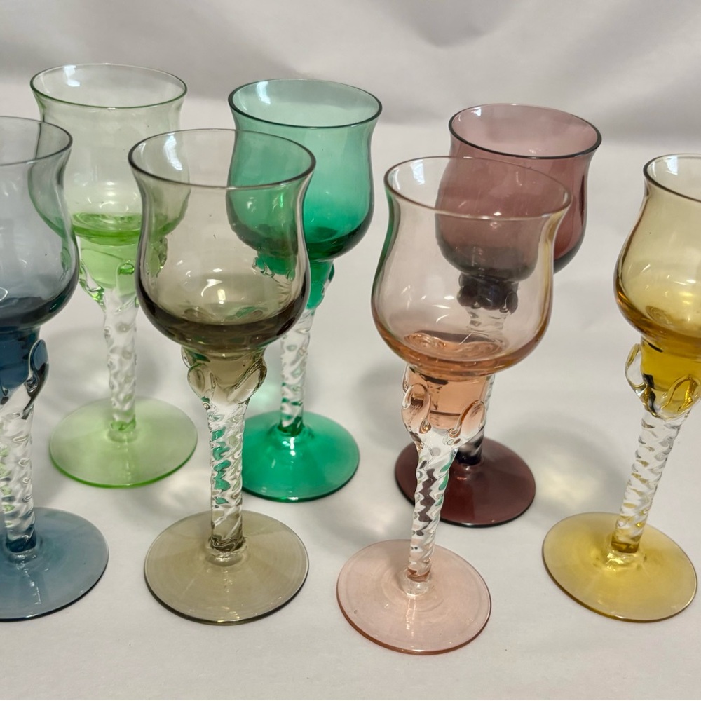 Vintage Blefeld Blown Crystal Cordial Multicolor Glass Goblet Set